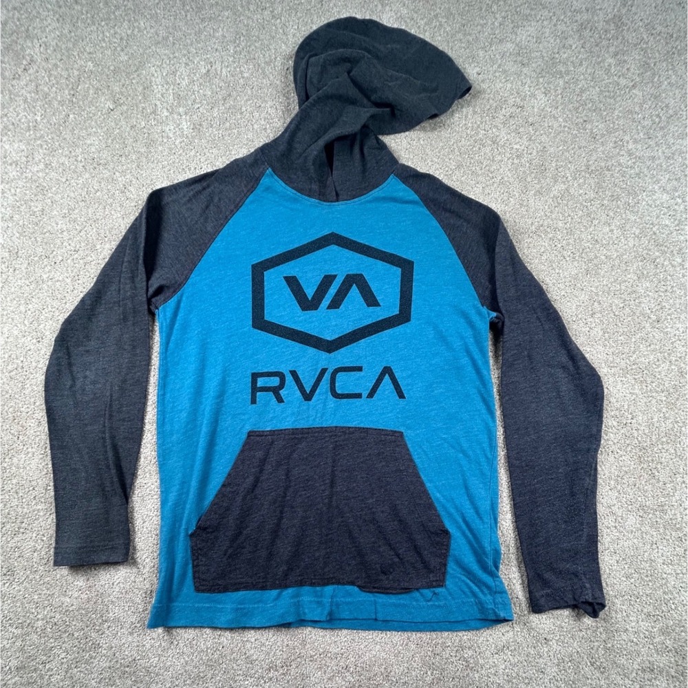 RVCA Boys Medium Blue Charcoal Grey Raglan Long Sleeve Hooded Graphic T-Shirt